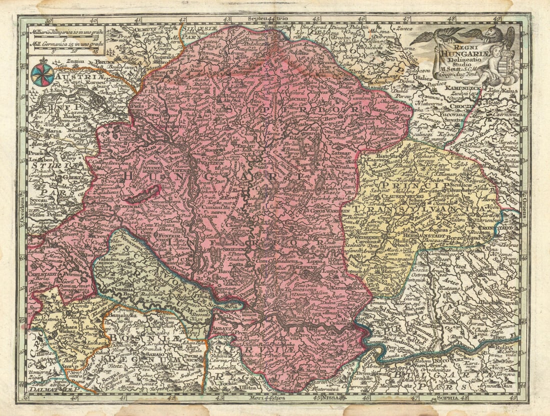 Regni Hungariae Delineatio. Kingdom of Hungary & Transylvania. Seutter c1744 map (1 of 1)