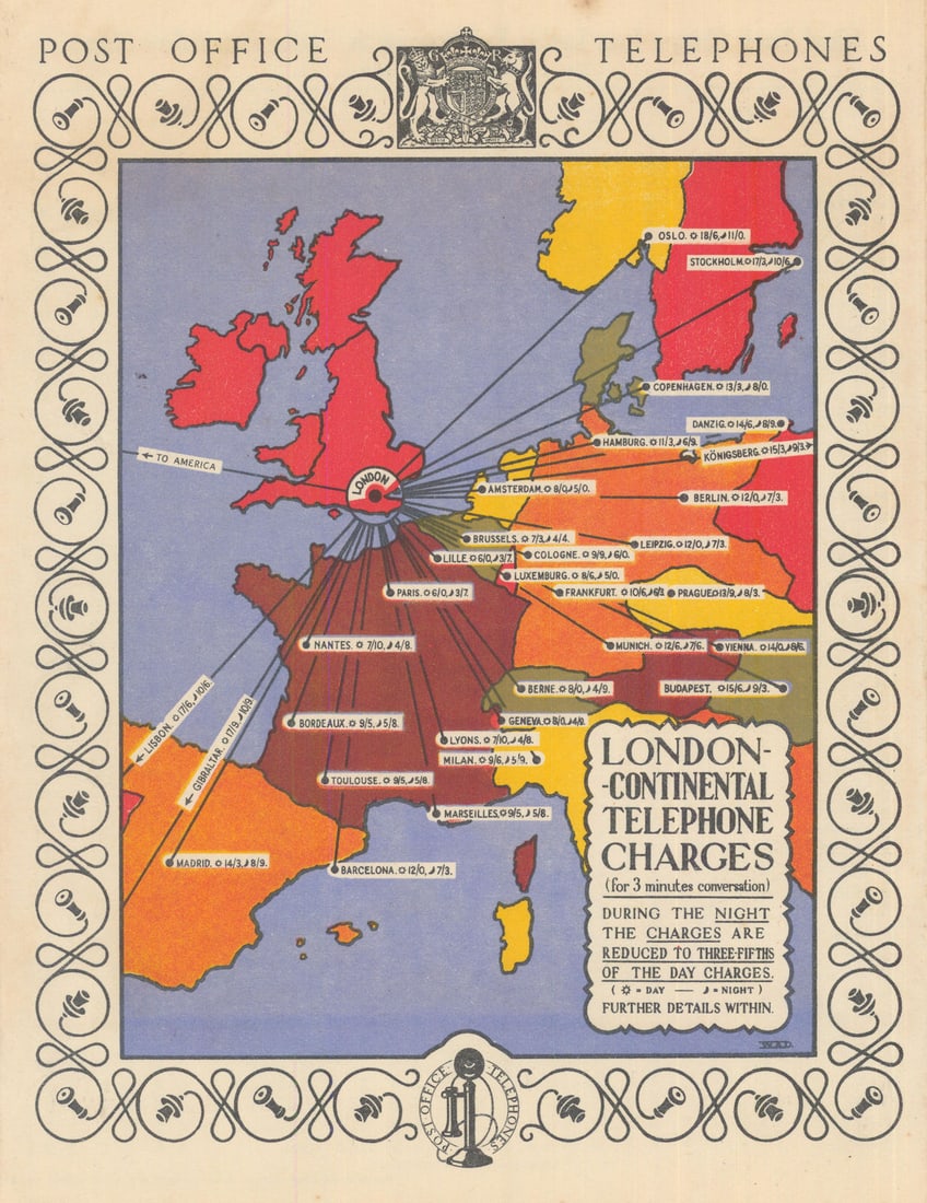 Post Office Telephones - London-Continental Telephone Charges. G.P.O. 1929 map (1 of 1)