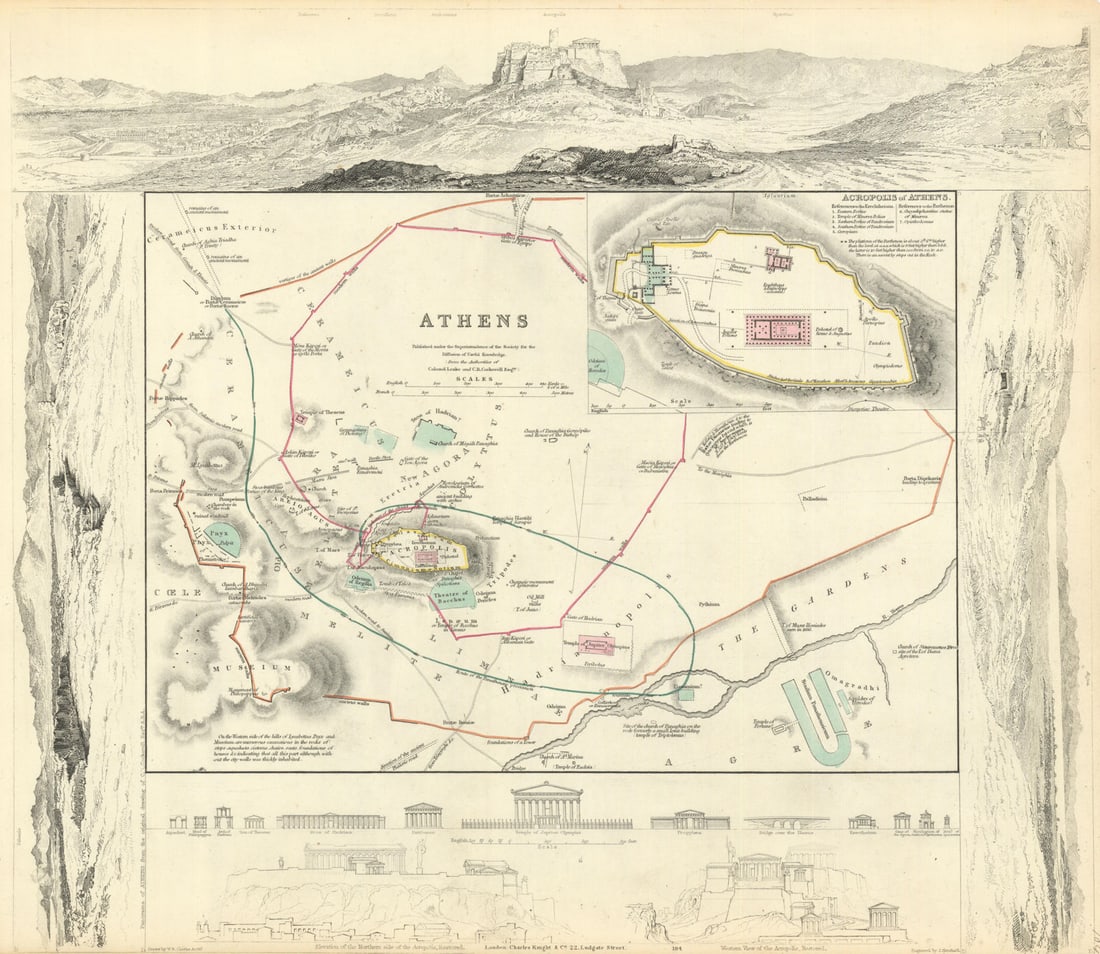 ATHENS. Αθήνα. Antique town city map plan; inset Acropolis. SDUK 1847 old: Title: ATHENS. Αθήνα. Antique town city map plan; inset Acropolis. SDUK 1847 old Description: ATHENS.; inset Acropolis'. Cartography by WB Clarke; Colonel Leake; CR Cockerell;
