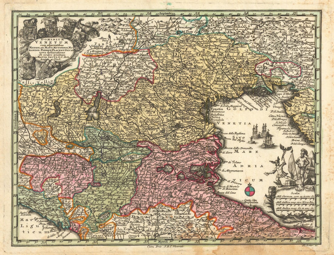 Dominium Venetum cum Adjacentibus… Veneto/Northern Italy by Seutter c1744 map: Title: Dominium Venetum cum Adjacentibus… Veneto/Northern Italy by Seutter c1744 map Description: Dominium Venetum cum Adjacentibus Mediolan. Mant[uano], Mutinensi, Mirandol[ano], Parmen[si], Pl