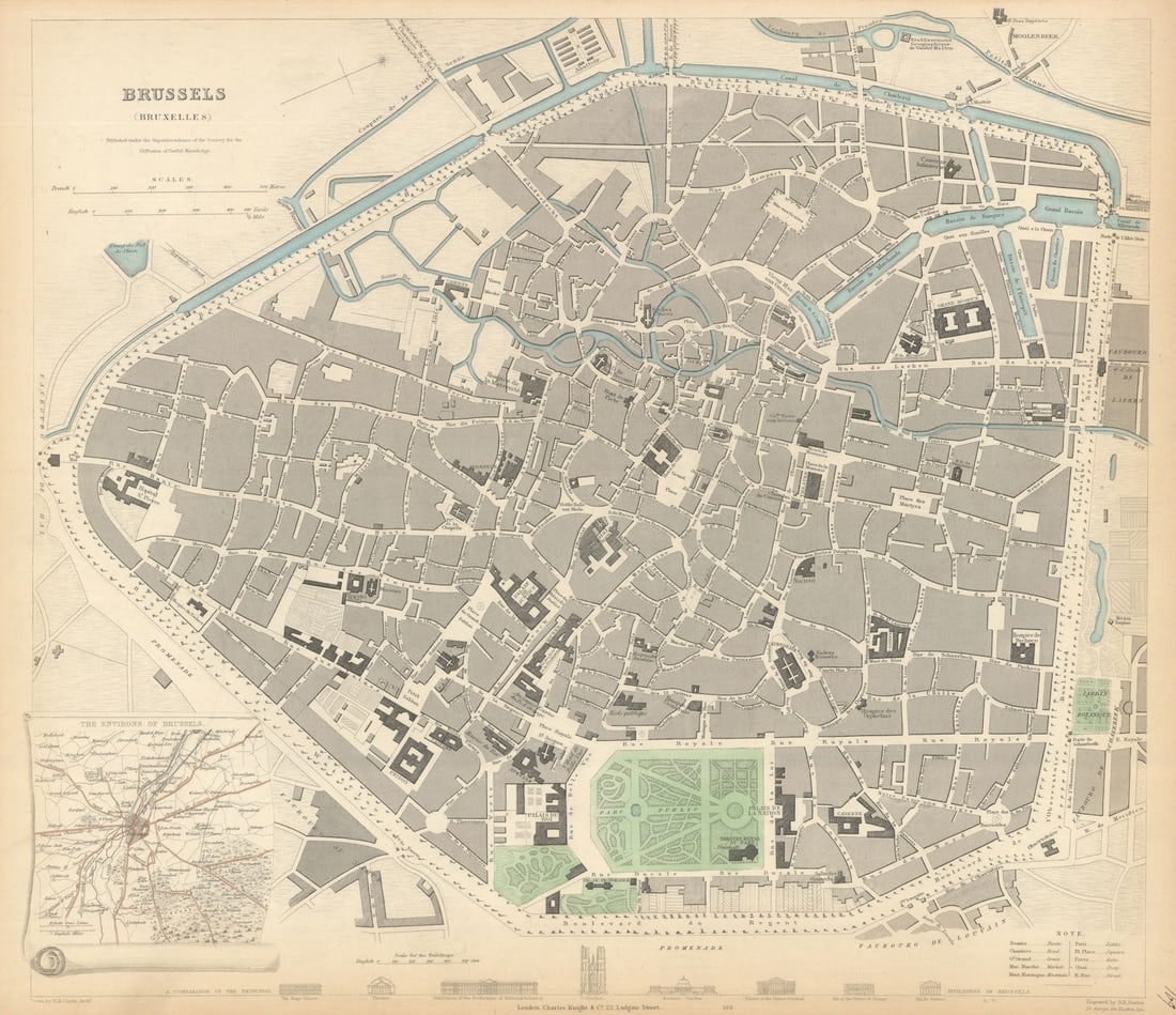 BRUSSELS BRUXELLES BRUSSEL antique town city map plan. Inset environs. SDUK 1847 (1 of 1)