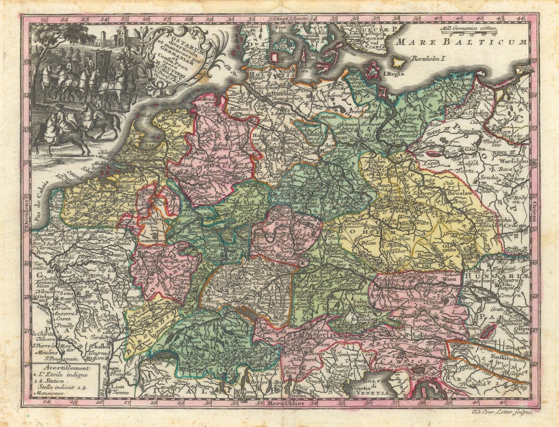 Postarum diverticula & mansiones per Germaniam. German Postal map. Seutter c1744 (1 of 1)