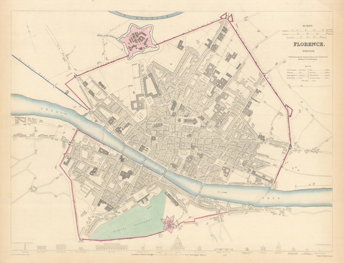 FLORENCE FIRENZE. Antique town city map plan. Key buildings profiles. SDUK 1847: Title: FLORENCE FIRENZE. Antique town city map plan. Key buildings profiles. SDUK 1847 Description: FLORENCE. FIRENZE' by S.D.U.K. - Society for the Diffusion of Useful Knowledge. Published 1847. Anti
