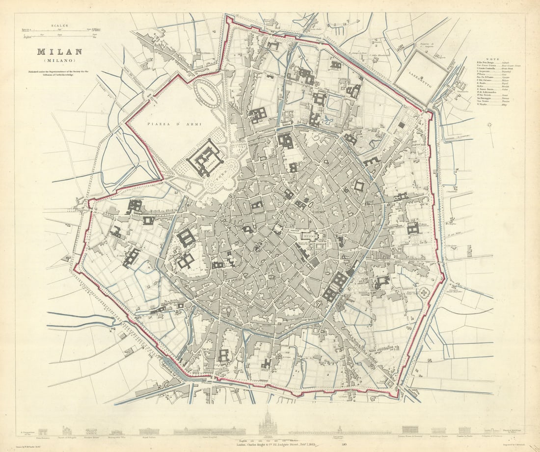 MILAN MILANO. Antique town city map plan. Main buildings profiles. SDUK 1847: Title: MILAN MILANO. Antique town city map plan. Main buildings profiles. SDUK 1847 Description: MILAN (MILANO)' by S.D.U.K. - Society for the Diffusion of Useful Knowledge. Published 1847 - The map i