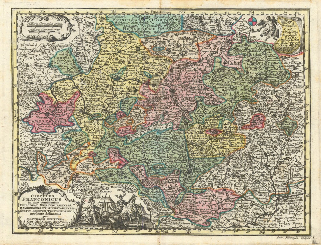 Circulus Franconicus in quo continentur… Franconia, Bavaria. Seutter c1744 map: Title: Circulus Franconicus in quo continentur… Franconia, Bavaria. Seutter c1744 map Description: Circulus Franconicus in quo continentur Episcopat. Würtzburgensis, Bambergens. Et