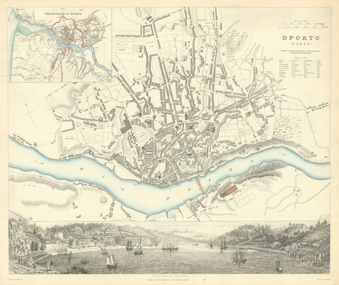 OPORTO PORTO. Antique town city map plan & panorama. Inset environs. SDUK 1847 (1 of 1)