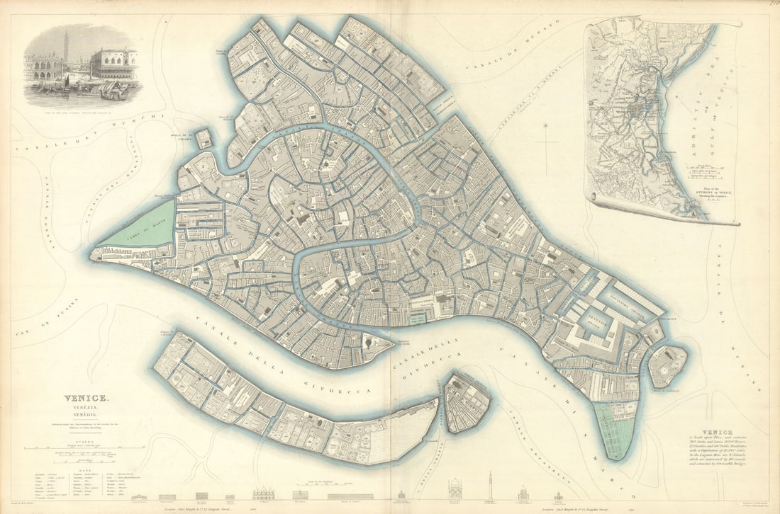 VENICE VENEZIA VENEDIG antique town city map plan. Environs. LARGE. SDUK 1847 (1 of 1)