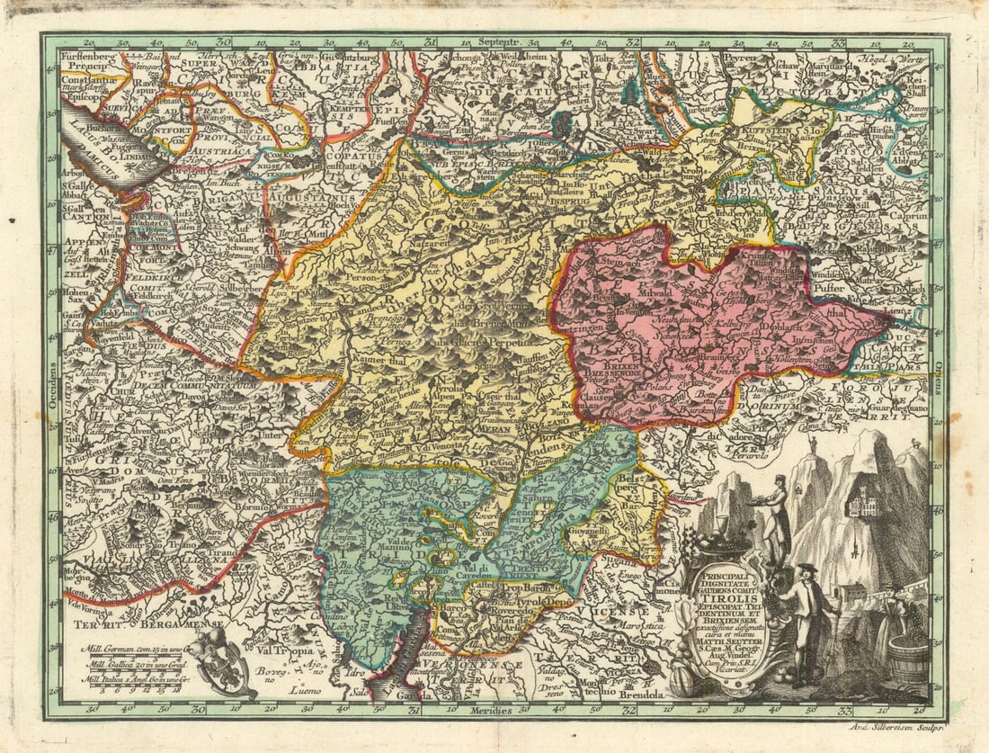 Principali Dignitate Gaudens comit. Tirolis. Tyrol Austria. Seutter c1744 map (1 of 1)