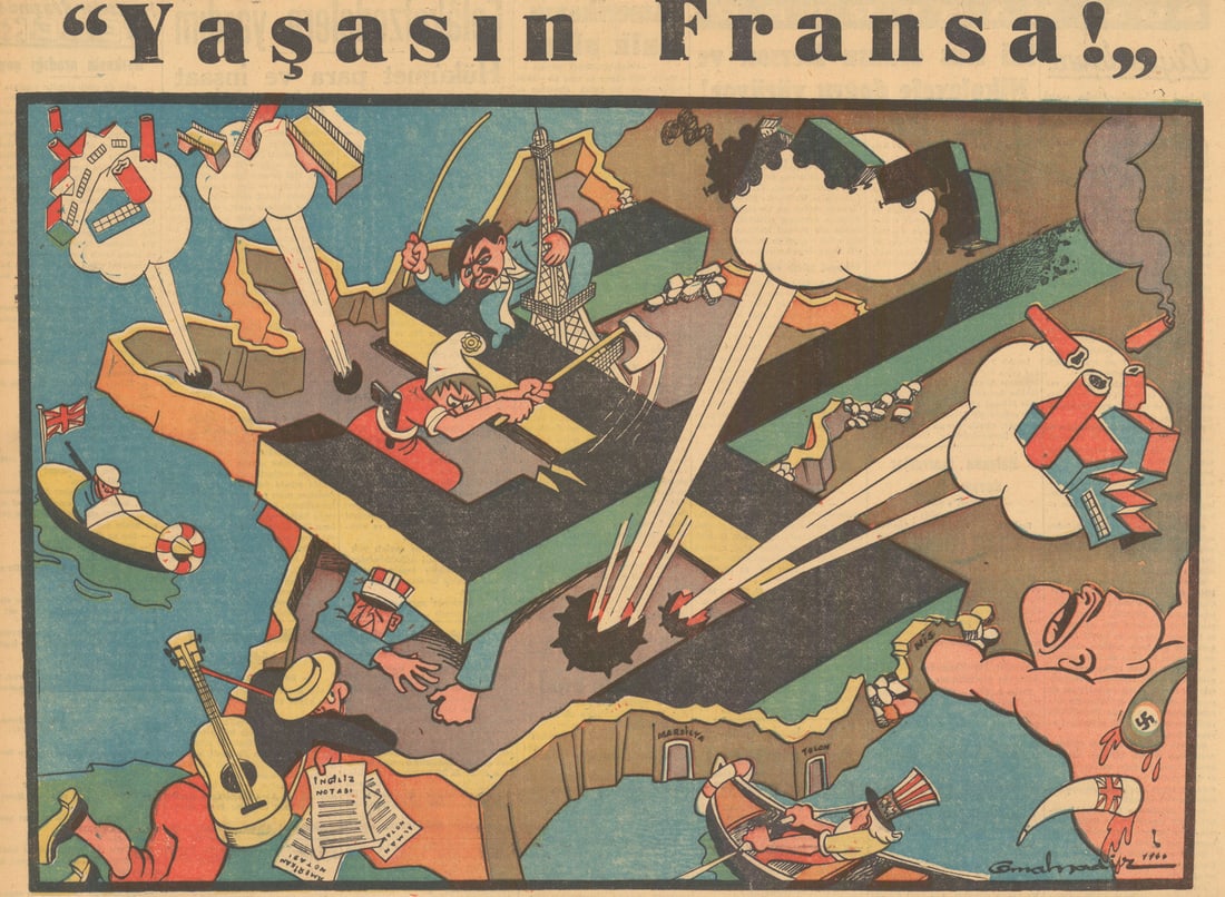 Yaşasın Fransa! Long live France! Turkish WW2 serio-comic map. Cemal Nadir 1944 (1 of 1)