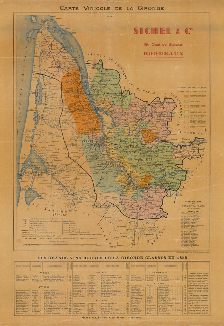 Carte Vinicole de la Gironde. Bordeaux Wine. Féret for Sichel & Co c1929 map: Title: Carte Vinicole de la Gironde. Bordeaux Wine. Féret for Sichel & Co c1929 map Description: Carte Vinicole de la Gironde - Sichel & Co.'. Féret et fils for Sichel & Co.. Published
