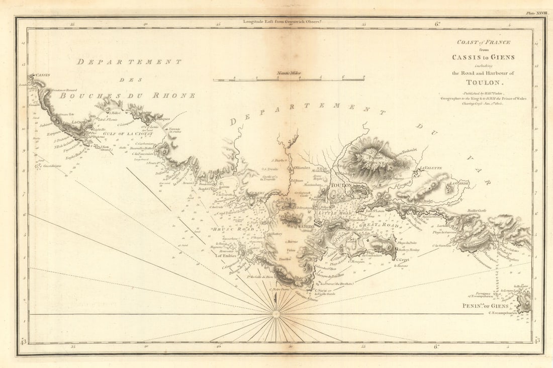 Coast of France—Cassis to Giens & the Road & Harbour of Toulon. Faden 1805 map (1 of 1)