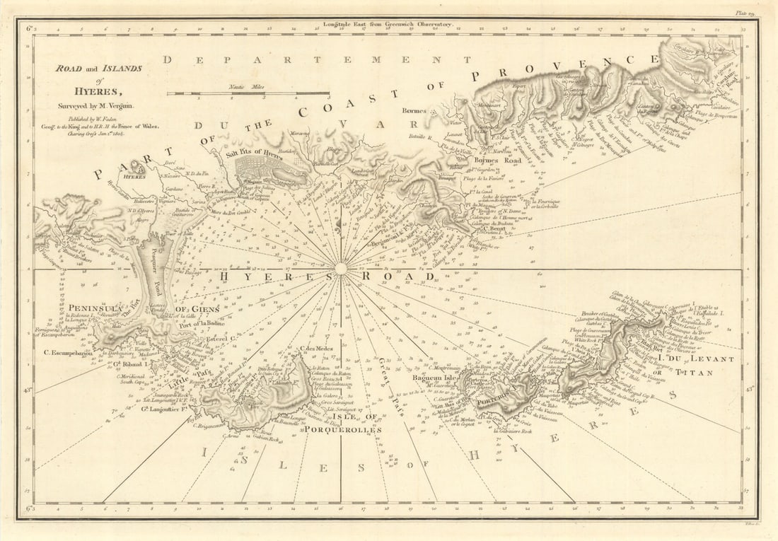 Road & Islands of Hyères by William Faden. Giens & Île de Porquerolles 1805 map (1 of 1)