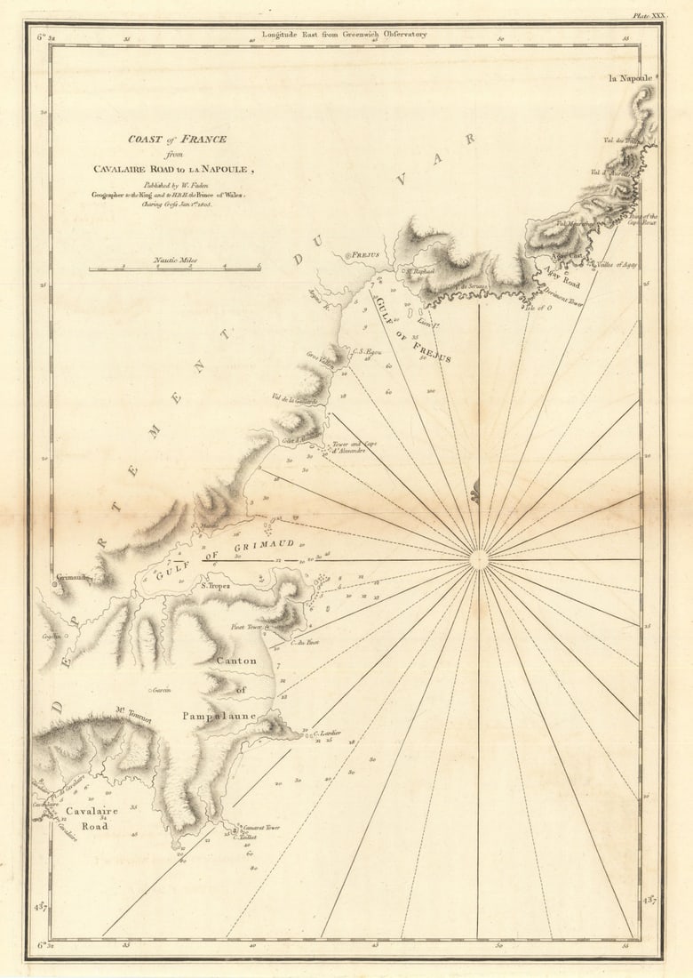 Coast of France — Cavalaire Road to La Napoule. Saint-Tropez Var. Faden 1805 map: Title: Coast of France — Cavalaire Road to La Napoule. Saint-Tropez Var. Faden 1805 map Description: Coast of France from Cavalaire Road to La Napoule'. Originally published in "Le Petit Neptune