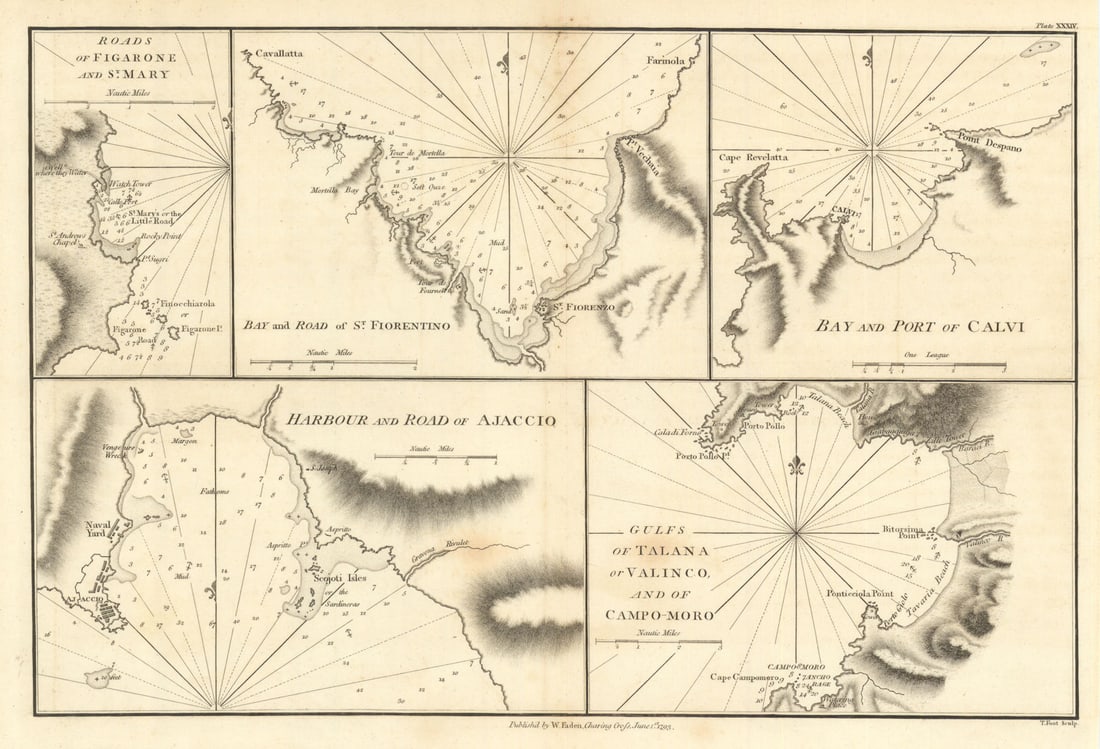 Corsica harbours. Ajaccio Calvi Saint-Florent Propriano Valinco. Faden 1805 map: Title: Corsica harbours. Ajaccio Calvi Saint-Florent Propriano Valinco. Faden 1805 map Description: Harbour and Road of Ajaccio // Bay and Port of Calvi // Bay and Road of St. Fiorentino // Gulfs of