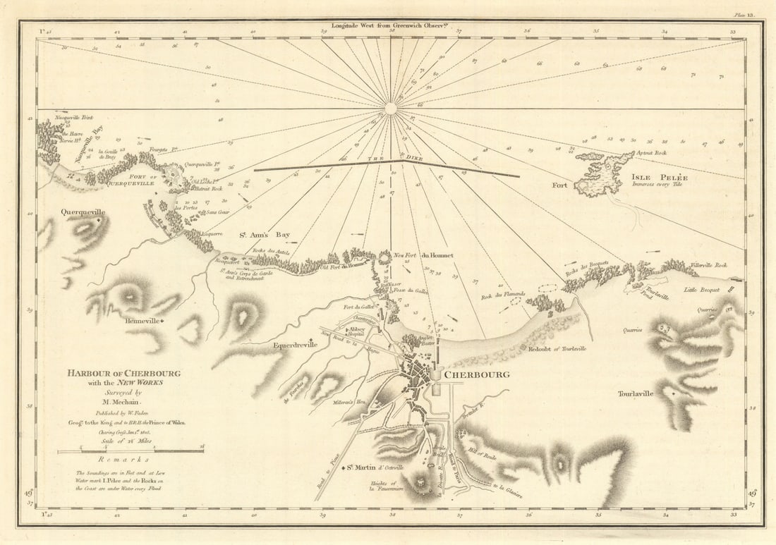 Harbour of Cherbourg with the New Works. William Faden sea chart 1805 old map: Title: Harbour of Cherbourg with the New Works. William Faden sea chart 1805 old map Description: Harbour of Cherbourg with the New Works'. Originally published in "Le Petit Neptune Français; or,