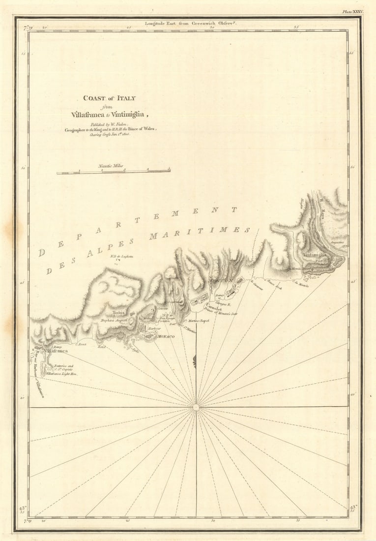 Coast of Italy — Villefranche to Ventimiglia. Monaco Cap-Ferrat. Faden 1805 map: Title: Coast of Italy — Villefranche to Ventimiglia. Monaco Cap-Ferrat. Faden 1805 map Description: Coast of Italy from Villafranca to Vintimiglia'. Originally published in "Le Petit Neptune