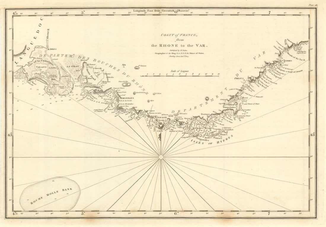 Coast of France — Rhone to the Var. Bouches-du-Rhône. Marseilles. Faden 1805 map: Title: Coast of France — Rhone to the Var. Bouches-du-Rhône. Marseilles. Faden 1805 map Description: Coast of France from the Rhone to the Var'. Originally published in "Le Petit Neptune Fr
