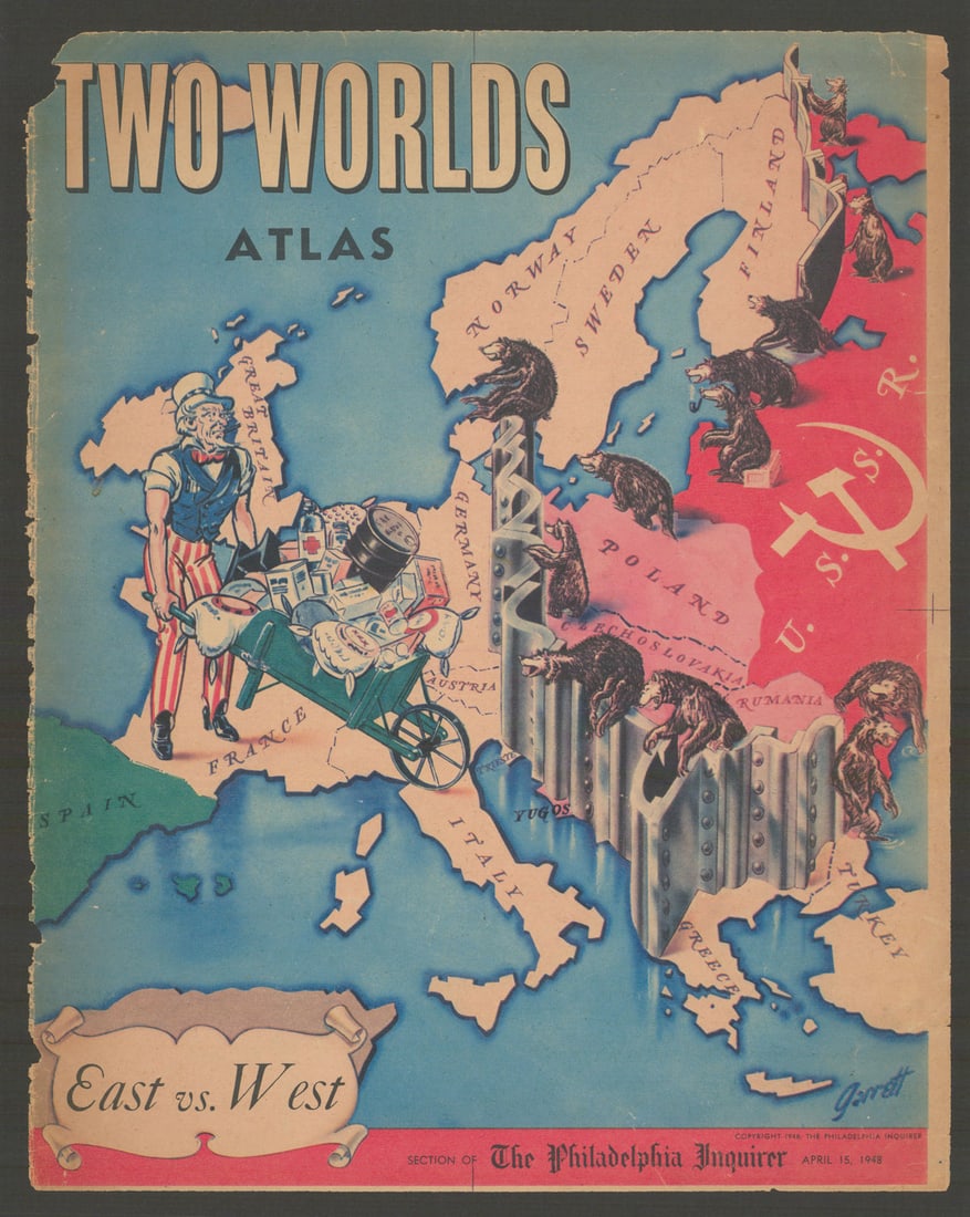 Two Worlds Atlas—East v West. Europe Cold War propaganda map. Garrett Price 1948 (1 of 1)