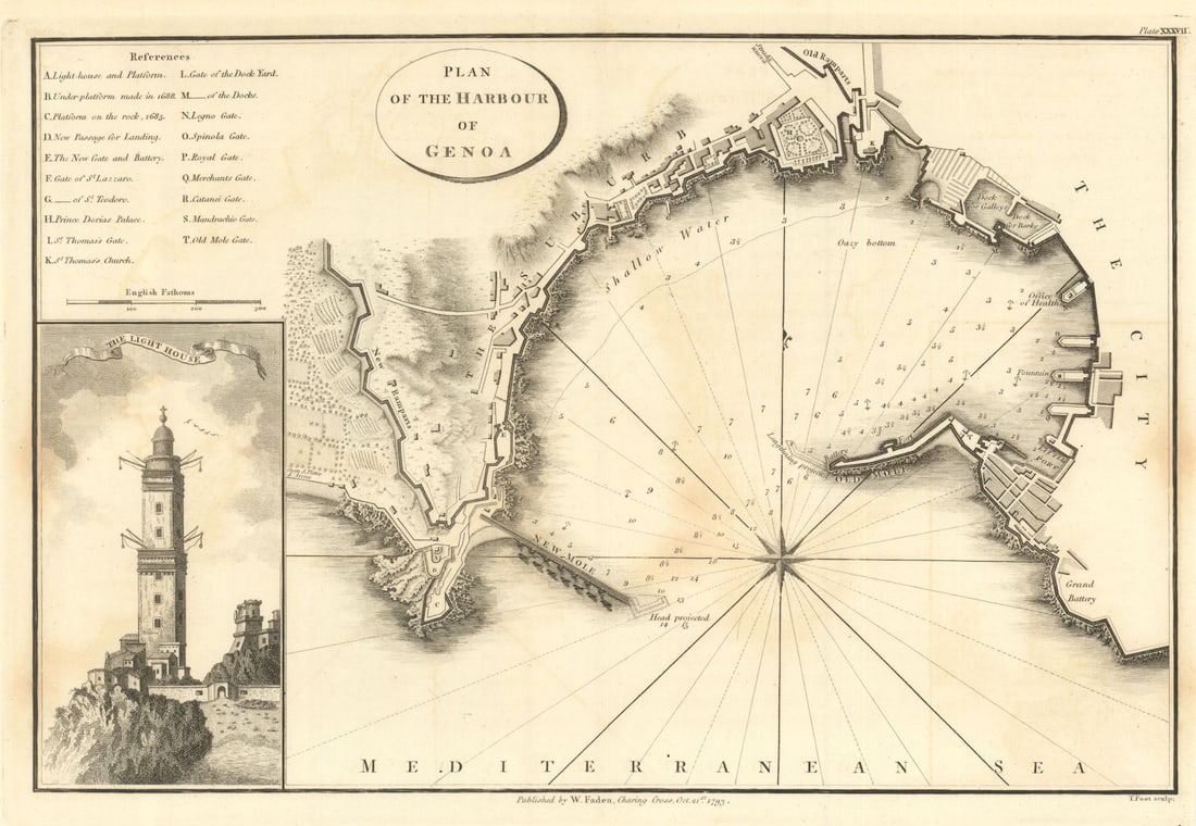 Plan of the Harbour of Genoa by William Faden. Lanterna di Genova 1805 old map (1 of 1)