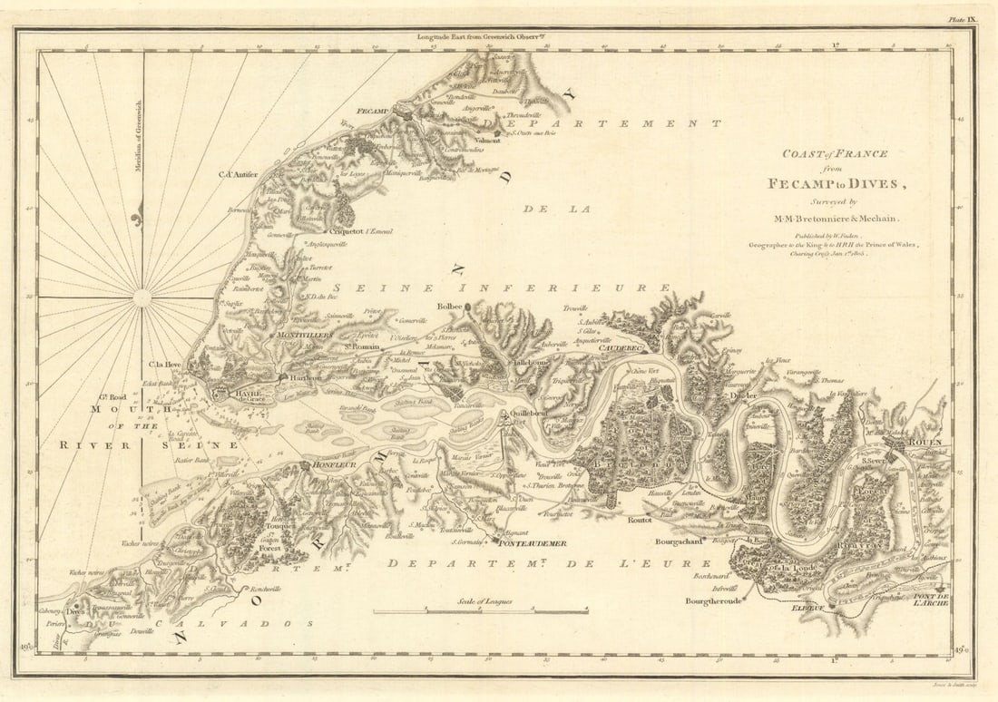 Coast of France from Fécamp to Dives. Seine-Maritime Eure Havre. Faden 1805 map: Title: Coast of France from Fécamp to Dives. Seine-Maritime Eure Havre. Faden 1805 map Description: Coast of France from Fécamp to Dives'. Originally published in "Le Petit Neptune