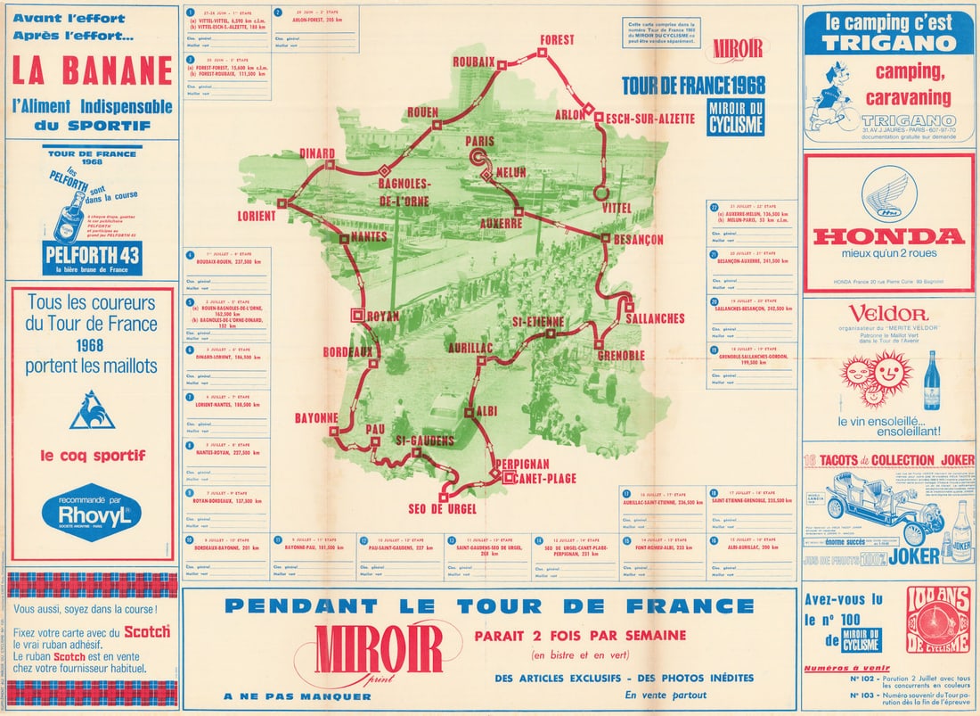 Tour de France - Miroir du Cyclisme. Cycling route poster map 75x55 cm 1968 (1 of 1)