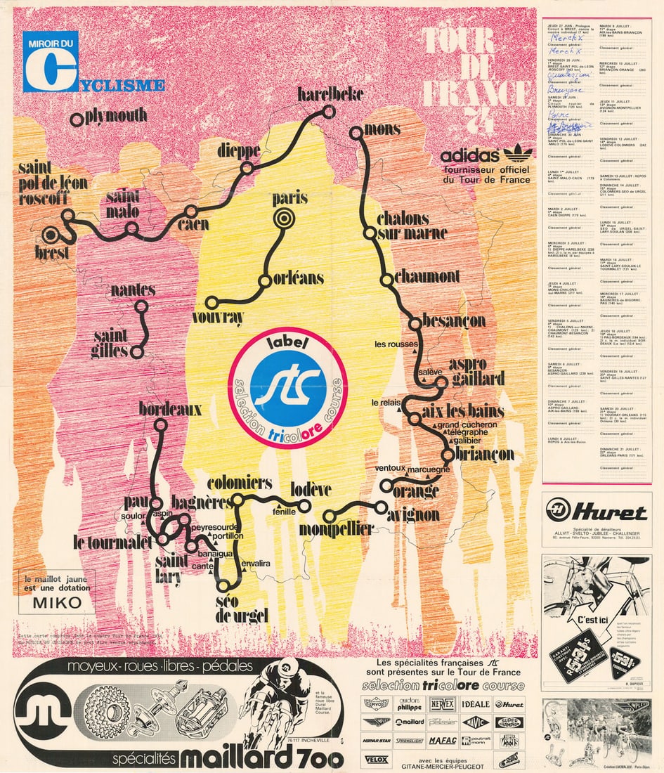 Tour de France - Miroir du Cyclisme. Cycling route poster map 60x70cm 1974: Title: Tour de France - Miroir du Cyclisme. Cycling route poster map 60x70cm 1974 Description: Tour de France 74 - Miroir du Cyclisme'. The 1974 Tour de France, the 61st edition of the race, spanned