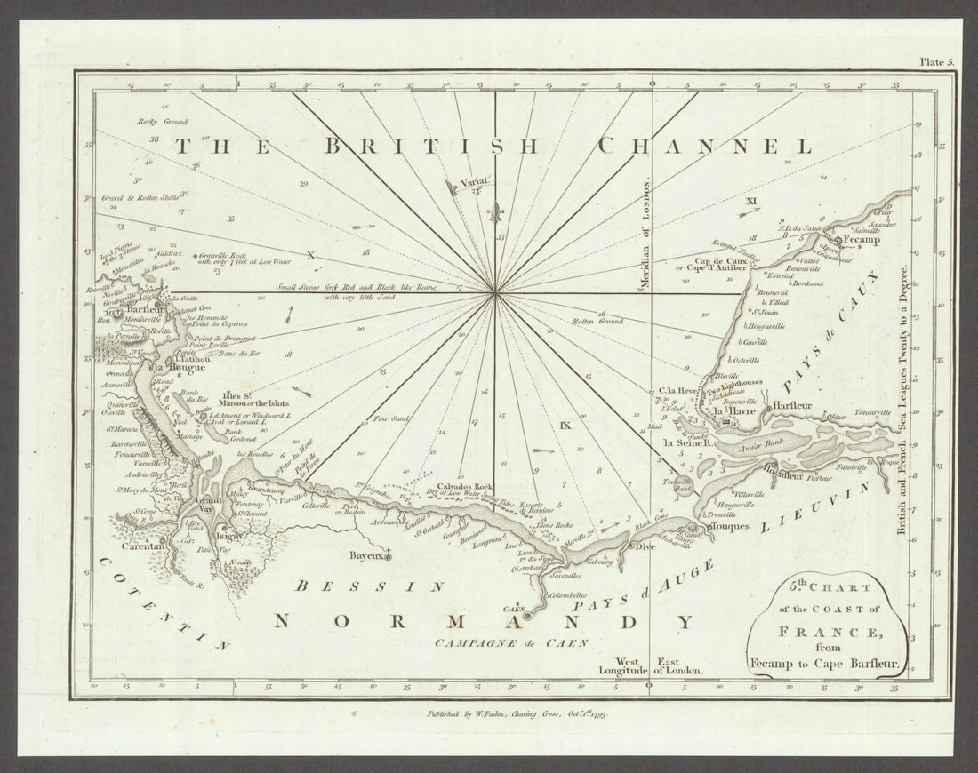 Coast of France—Fécamp to Cape Barfleur. Normandy. Le Havre. Faden 1793 map: Title: Coast of France—Fécamp to Cape Barfleur. Normandy. Le Havre. Faden 1793 map Description: 5th Chart of the Coast of France, from Fécamp to Cape Barfleur'. Originally published in