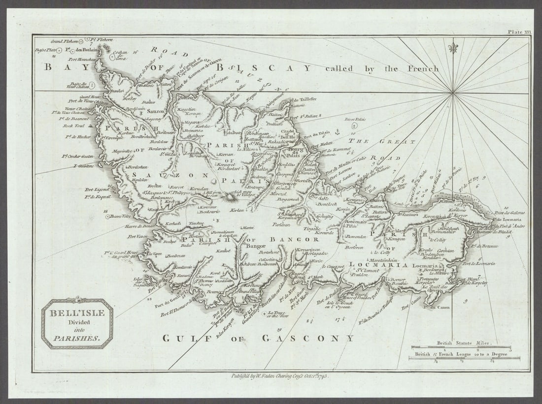Belle'Isle divided into Parishes. Belle-Île-en-Mer. Morbihan. Faden 1793 map: Title: Belle'Isle divided into Parishes. Belle-Île-en-Mer. Morbihan. Faden 1793 map Description: Belle'Isle divided into Parishes'. Originally published in "Le Petit Neptune Français; or,