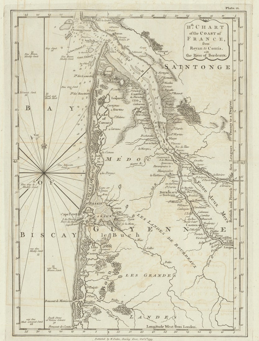 Coast of France—Royan to Contis. Bordeaux—Gironde—Médoc—Arcachon. Faden: Title: Coast of France—Royan to Contis. Bordeaux—Gironde—Médoc—Arcachon. Faden 1793 map Description: 11th Chart of the Coast of France from Royan to Contis with the River 