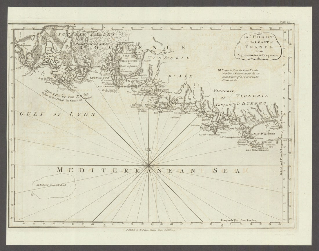 Coast of France—Aigues Mortes to Brégançon. Bouches du Rhône—Var. Faden: Title: Coast of France—Aigues Mortes to Brégançon. Bouches du Rhône—Var. Faden 1793 map Description: 15th Chart of the Coast of France from Aigues Mortes to Bréganç