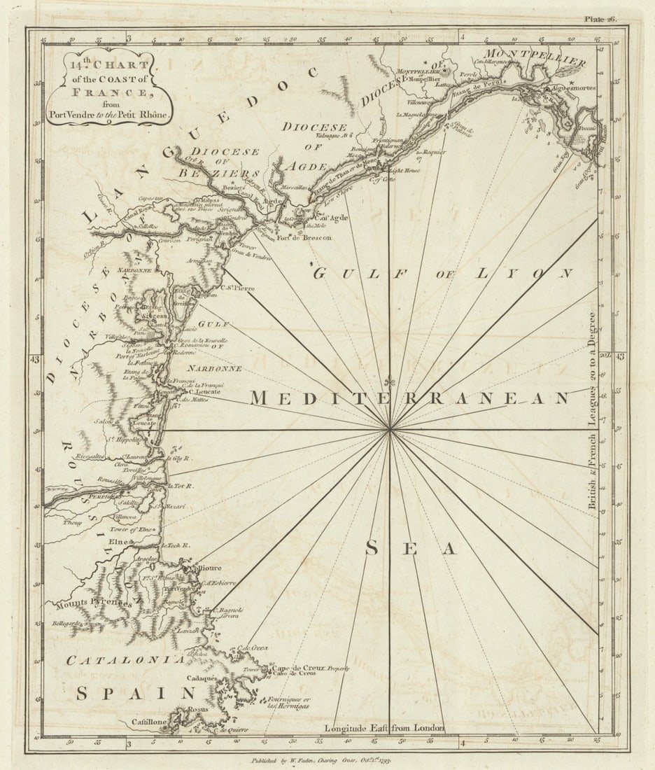 Coast of France—Port Vendres to Petit Rhône—Languedoc-Roussillon. Faden 1793 map: Title: Coast of France—Port Vendres to Petit Rhône—Languedoc-Roussillon. Faden 1793 map Description: 14th Chart of the Coast of France from Port Vendre to the Petit Rhone'. Originally