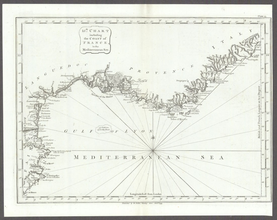 Coast of France in the Mediterranean Sea. Languedoc—Provence. Faden 1793 map: Title: Coast of France in the Mediterranean Sea. Languedoc—Provence. Faden 1793 map Description: 13th Chart of the Coast of France in the Mediterranean Sea'. Originally published in "Le Petit Ne