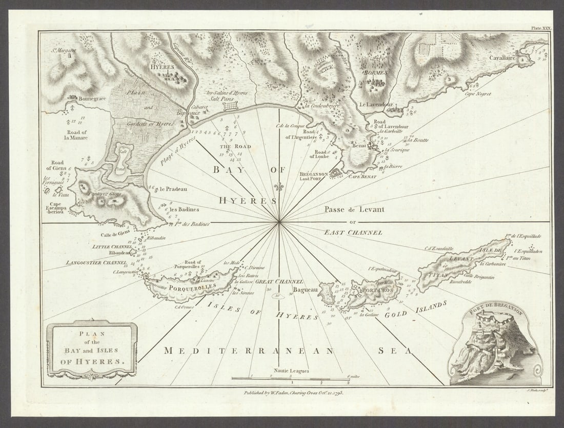 The Bay and Îles d'Hyères. Giens—Île de Porquerolles—Port Cros. Faden: Title: The Bay and Îles d'Hyères. Giens—Île de Porquerolles—Port Cros. Faden 1793 map Description: Plan of the Bay and Isles of Hyères'. Originally published in "Le Pet