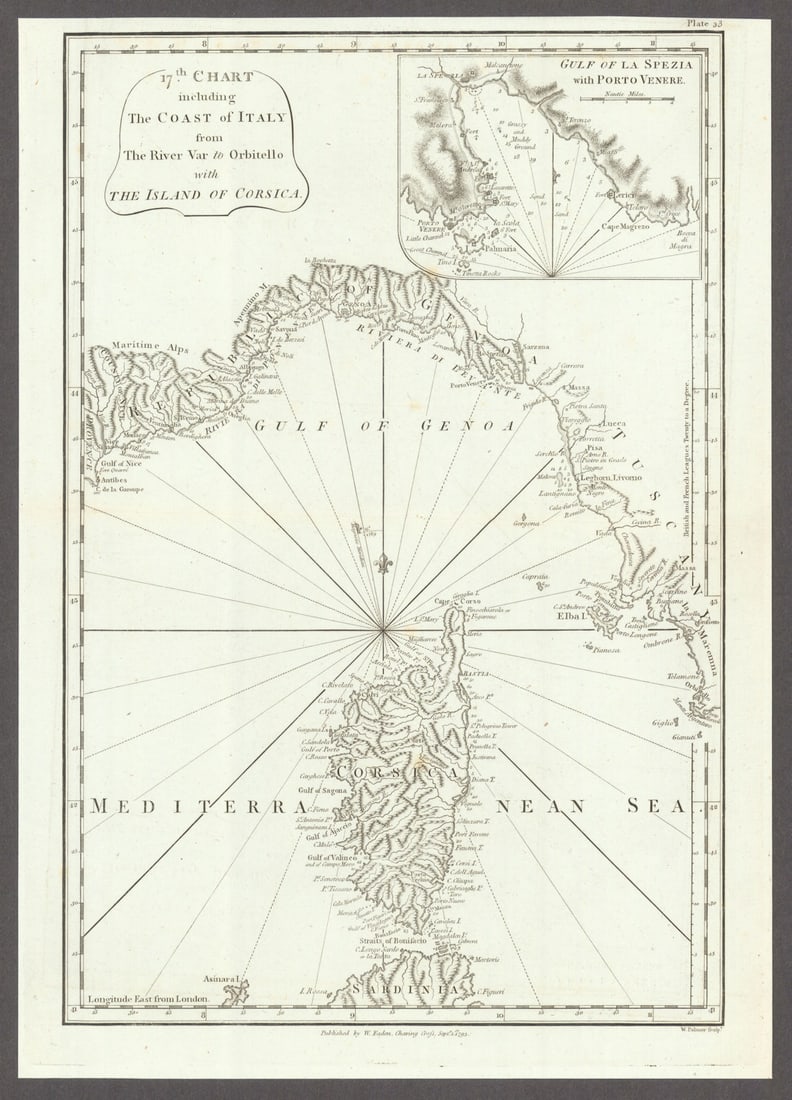 Coast of France & Italy—River Var to Orbitello. Corsica—Liguria. Faden 1793 map: Title: Coast of France & Italy—River Var to Orbitello. Corsica—Liguria. Faden 1793 map Description: 17th Chart of the Coast of Italy from the River Var to Orbitello with the Island of Cors