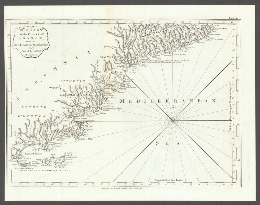 Coast of France & Italy— Îles d’Hyères—Var—Côte d'Azur—: Title: Coast of France & Italy— Îles d’Hyères—Var—Côte d'Azur—Liguria. Faden 1793 map Description: 16th Chart of the Coast of France from Isles D’Hy&