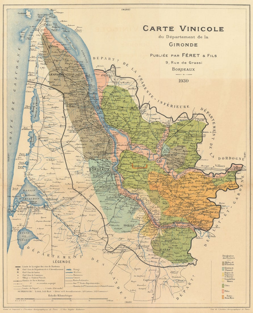 Carte Vinicole du Département de la Gironde. Bordeaux Wine. FERET 1930 old map (1 of 1)