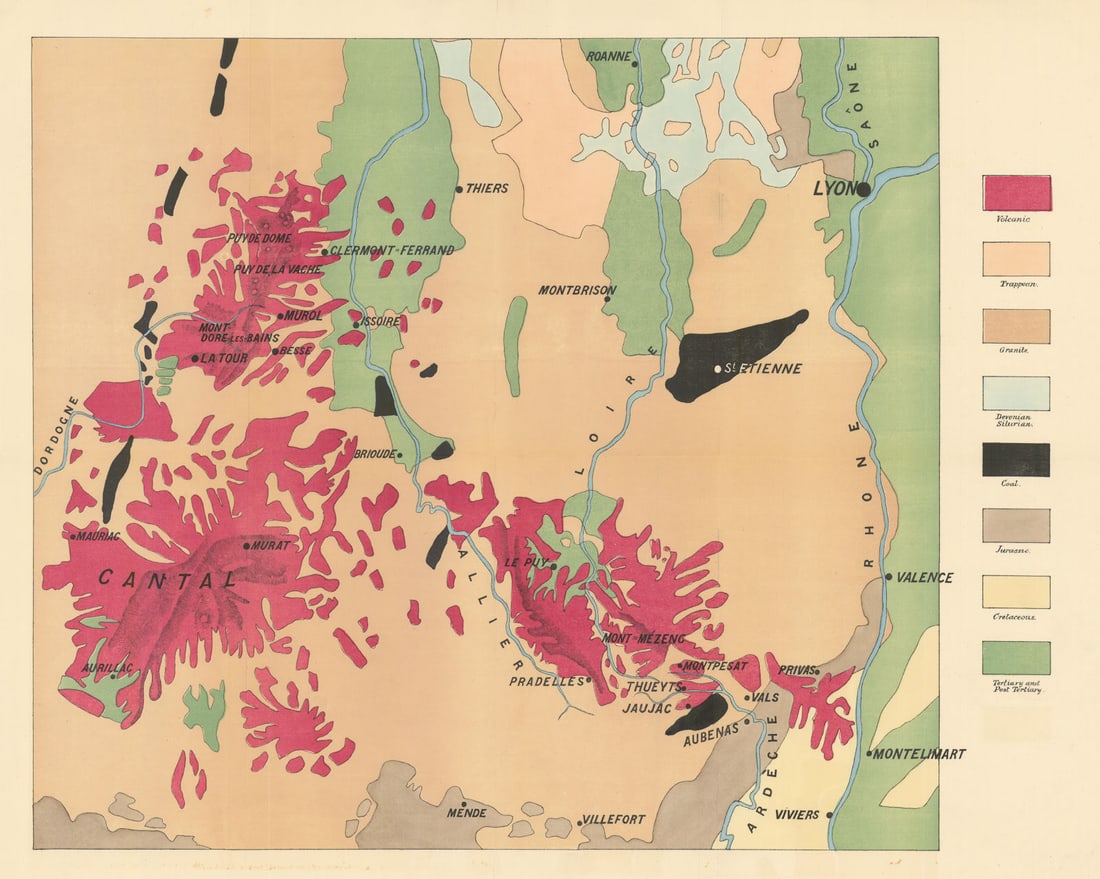 The Volcanic District of Central France. Antique geological map by WC Lucy 1877 (1 of 1)