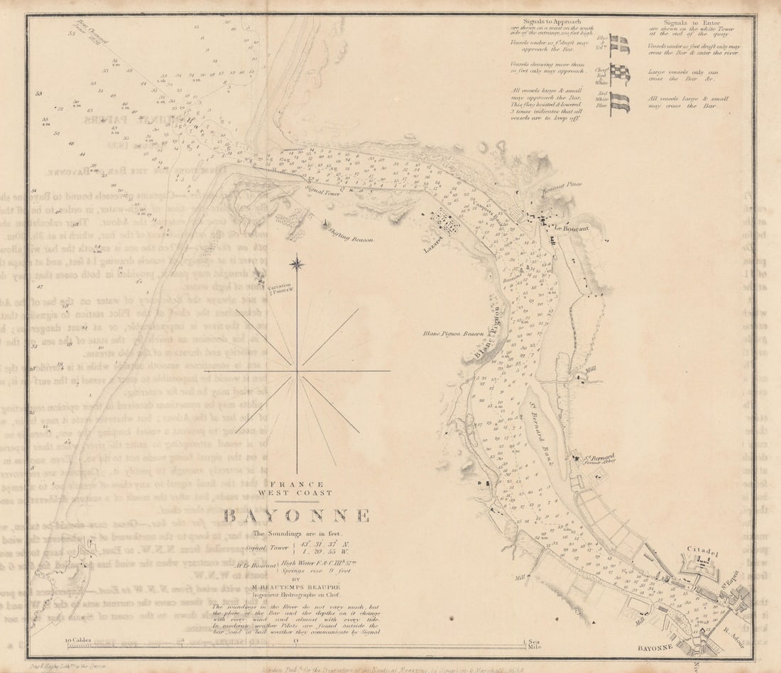Bayonne, Adour estuary & Biarritz by M. Beautemps Beaupré 1839 old antique map: Title: Bayonne, Adour estuary & Biarritz by M. Beautemps Beaupré 1839 old antique map Description: France West Coast—Bayonne'. M. Beautemps Beaupré. Day & Haghe Lithrs. to the Queen. P