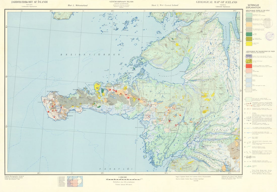 Jarđfræđikort af Íslandi—Geological map of Iceland—Sheet 2—: Title: Jarđfræđikort af Íslandi—Geological map of Iceland—Sheet 2—West-central 1968 Description: Jarđfræđikort af Íslandi—Geological m