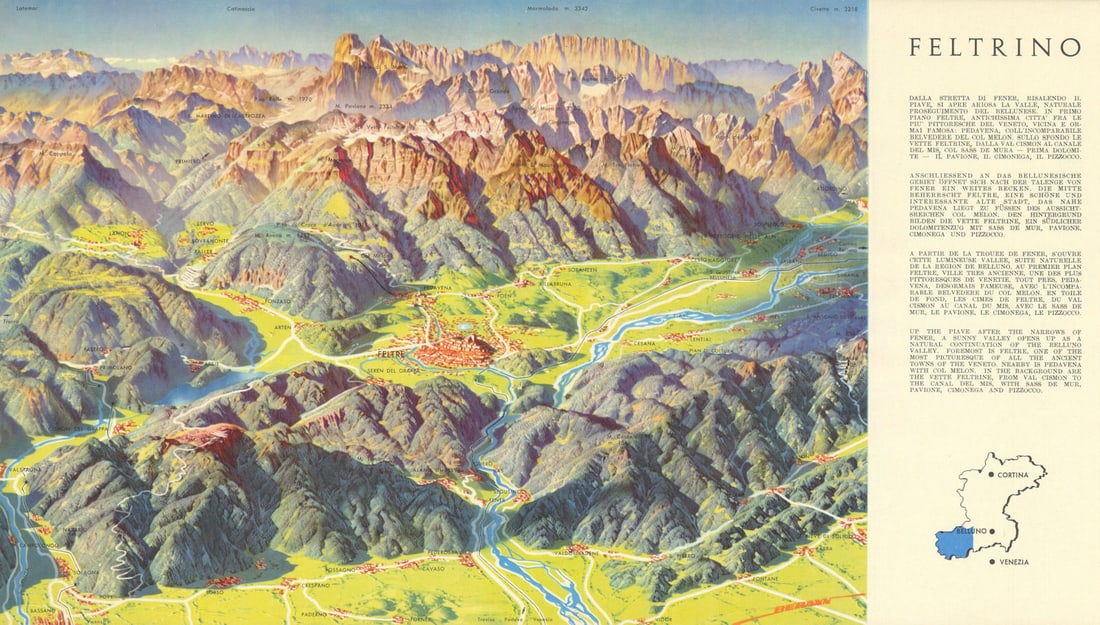 Feltrino—Dolomites alpine panoramic bird's eye view map—Heinrich Berann 1936: Title: Feltrino—Dolomites alpine panoramic bird's eye view map—Heinrich Berann 1936 Description: Feltrino'. A decorative Berann panorama of the Feltrino district, the south-western