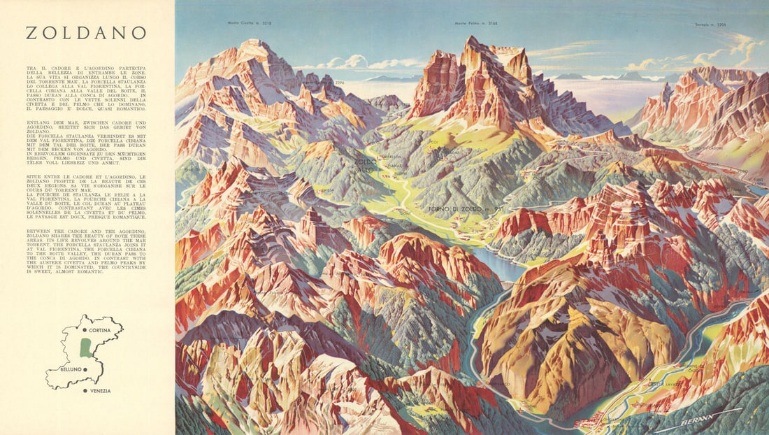 Zoldano—Dolomites alpine panoramic bird's eye view map—Heinrich Berann 1936 (1 of 1)