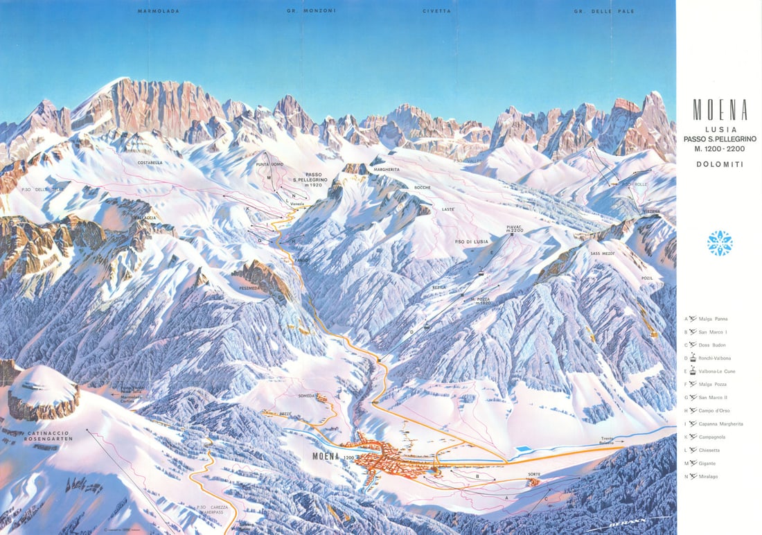 Moena—Alpe Lusia—San Pellegrino—Dolomites—Panorama and piste map—: Title: Moena—Alpe Lusia—San Pellegrino—Dolomites—Panorama and piste map—Berann 1964 Description: Moena—Lusia—Passo S.