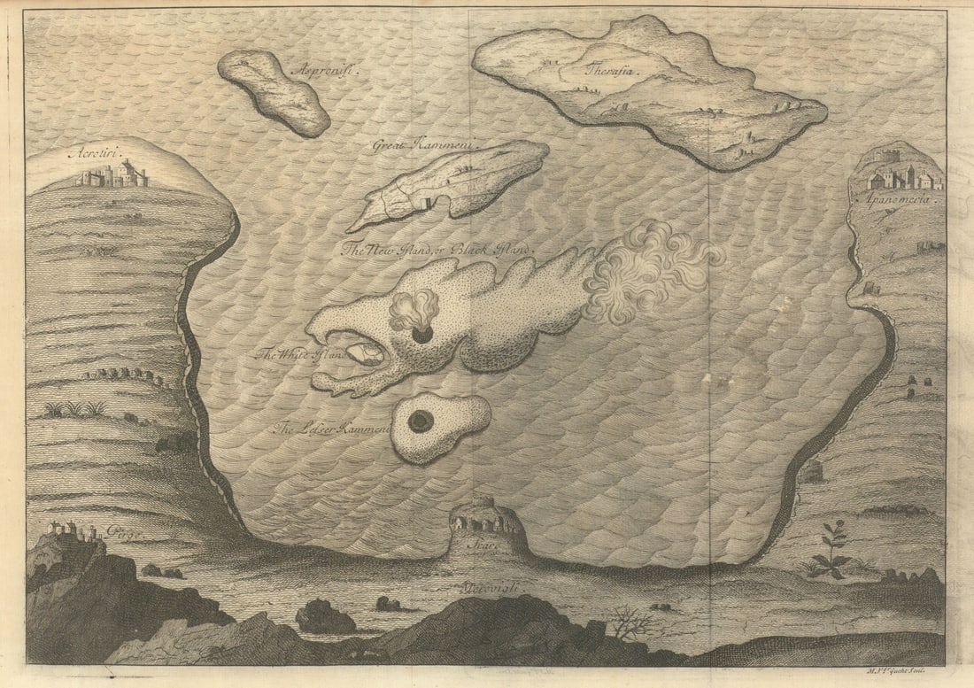 A new Santorini Island—Nea Kameni 1707-8 eruption map & eyewitness account 1721: Title: A new Santorini Island—Nea Kameni 1707-8 eruption map & eyewitness account 1721 Description: The New Island, or Black Island [in the Bay of Santorini]. A vivid Royal Society record of the
