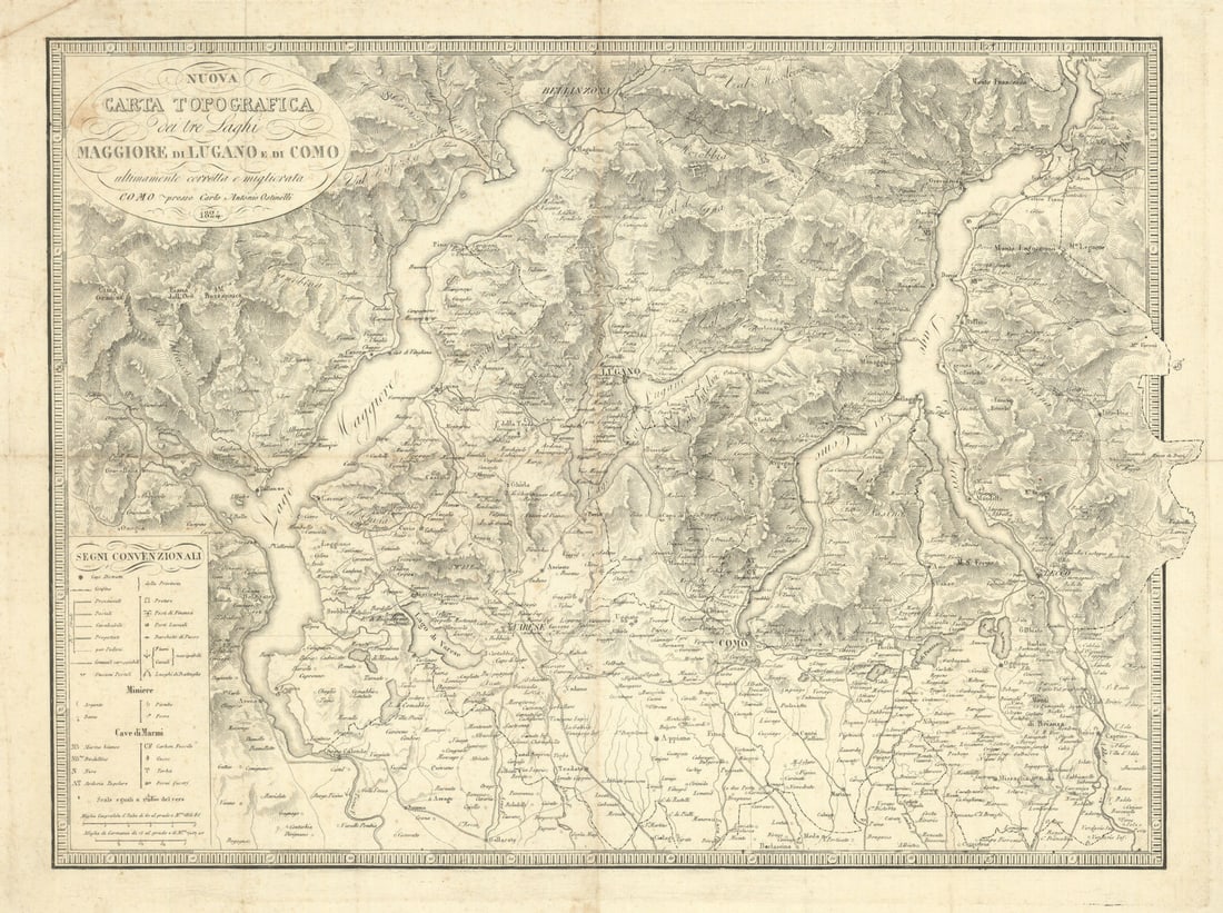 Nuova Carta Topografica dei tre Laghi Maggiore… Lugano e Como—Ostinelli 1824 map (1 of 1)