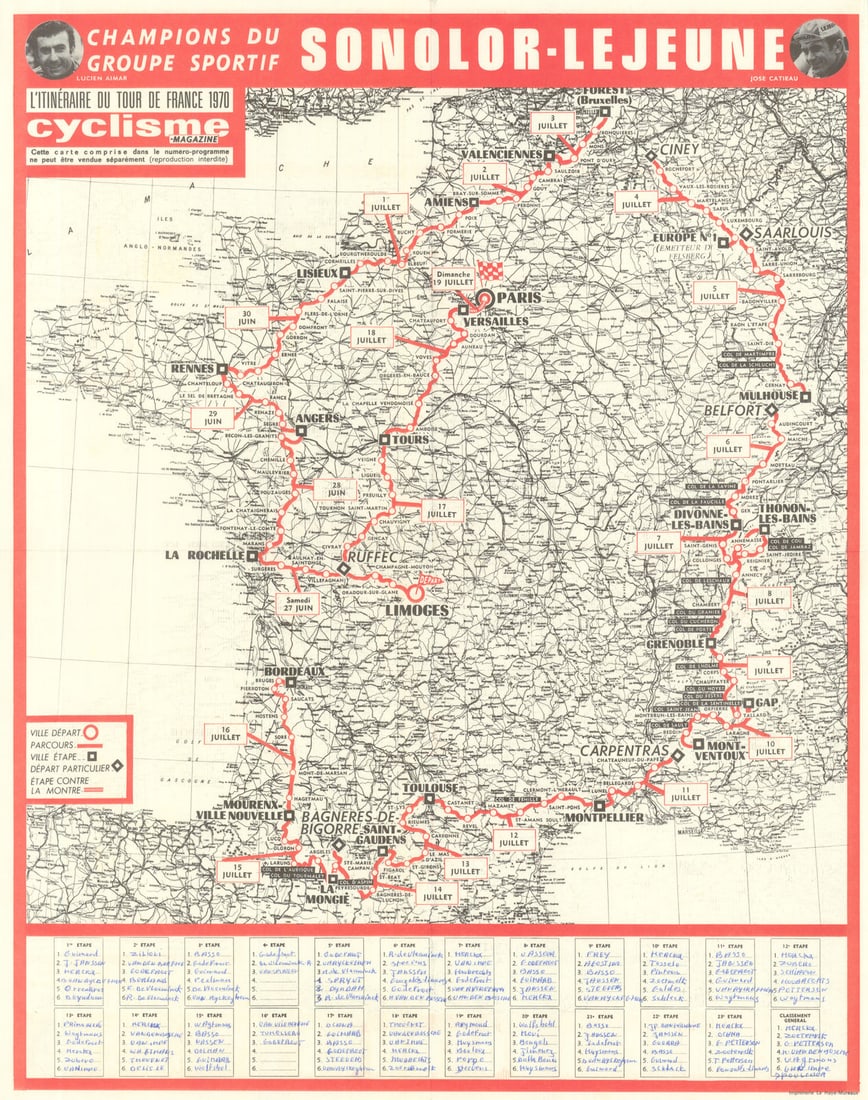 L'Itinéraire des Tours de France - Le Miroir des Sports. Route map 54x43cm 1970 (1 of 1)