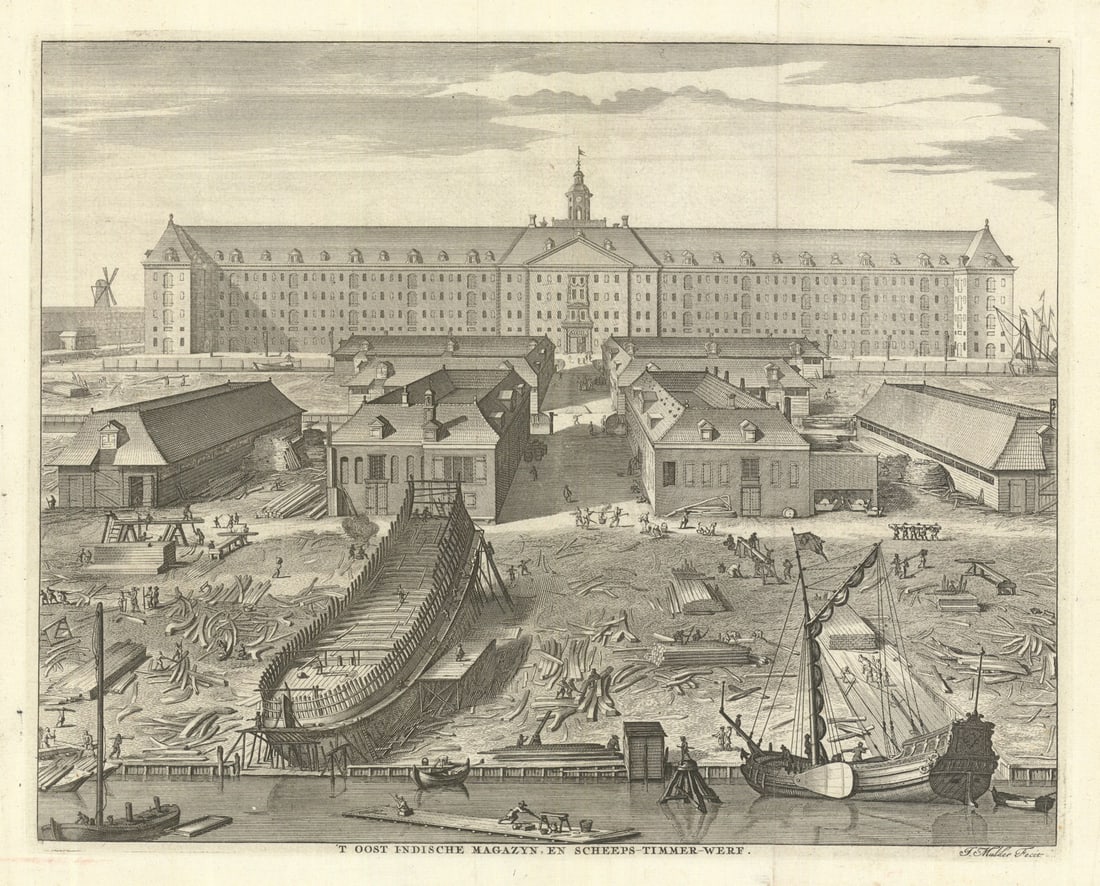 T Oost Indische Magazyn—Oostenburg, Amsterdam VOC shipyard—Mulder 1726 print: Title: T Oost Indische Magazyn—Oostenburg, Amsterdam VOC shipyard—Mulder 1726 print Description: T Oost Indische Magazyn, en Scheeps-Timmer-Werf [The East India Warehouse and Shipbuilding