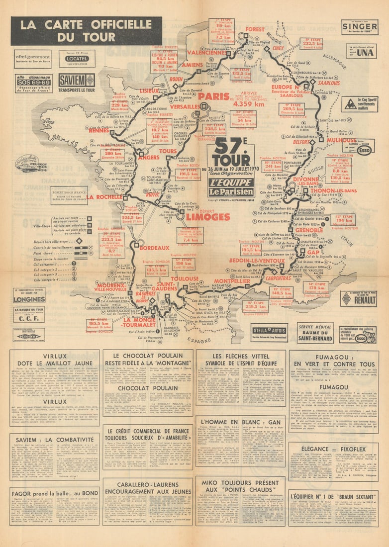 La Carte Officielle du 57e Tour de France—L'Equipe—Le Parisien—cycling map 1970 (1 of 1)