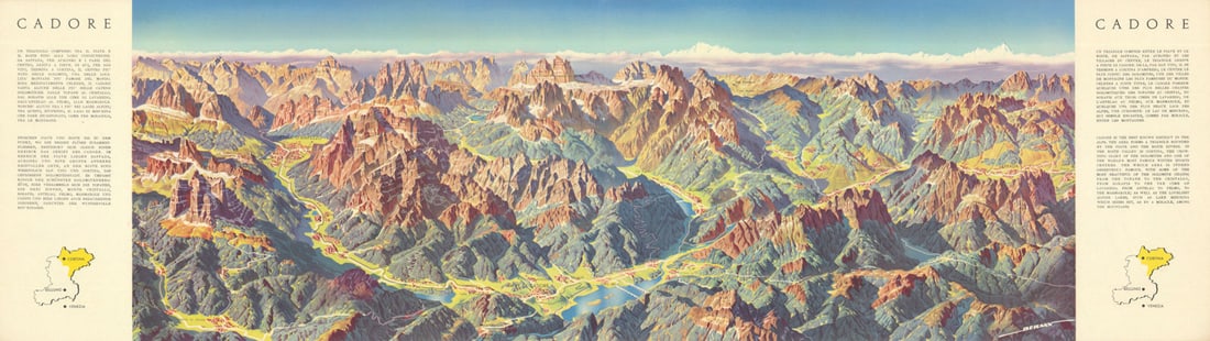Cadore—Dolomites alpine panoramic bird's eye view map—Heinrich Berann 1936: Title: Cadore—Dolomites alpine panoramic bird's eye view map—Heinrich Berann 1936 Description: Cadore'. A dramatic Berann panorama of Cadore, one of the most celebrated districts of the