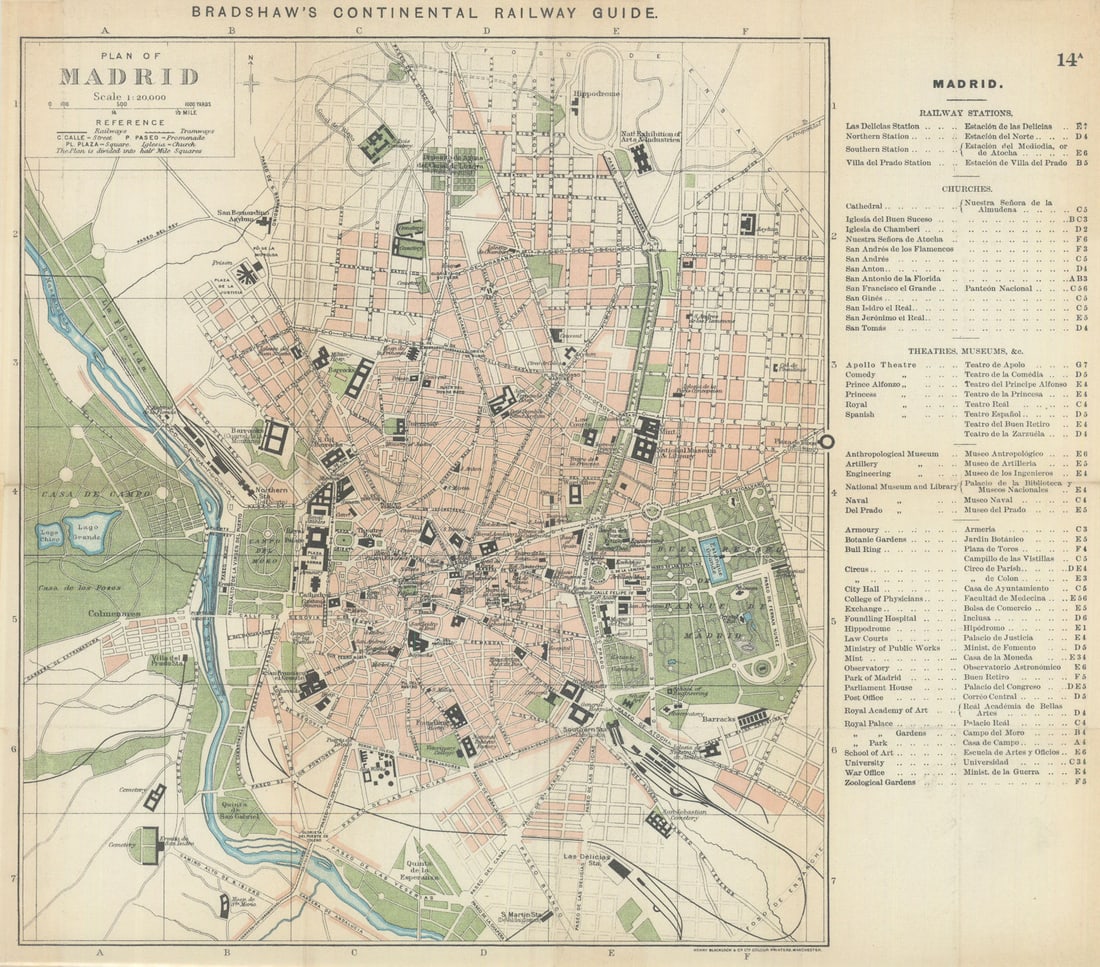 MADRID antique town plan city map. Spain. BRADSHAW 1902 old chart: Title: MADRID antique town plan city map. Spain. BRADSHAW 1902 old chart Description: Madrid' by Bradshaw, George. Published July 1902. Antique engraved map. Size 31 x 35 cm | 12.0 x 13.5 inches.