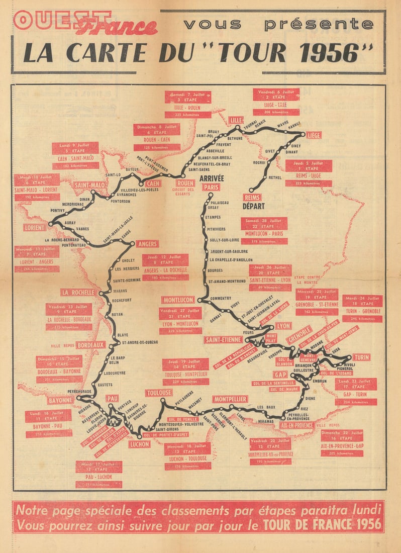 Ouest France vous présente la carte du Tour de France. Cycling route map 1956 (1 of 1)